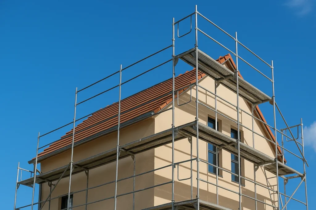 Peintre Albi : maison en rénovation avec échafaudage au centre-ville, par l'entreprise Peinture Générale du Bâtiment.