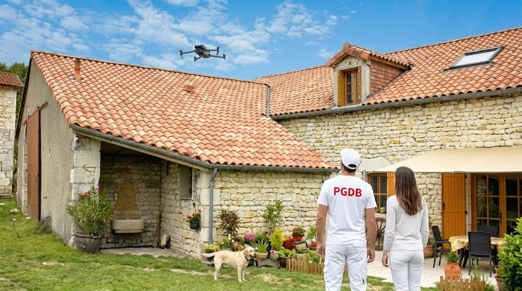 Artisan couvreur à Albi effectuant un diagnostic de toiture par drone pour un client dans le Tarn (81). Observation du toit d'une maison rurale en brique sur l'écran d'un drone DJI.