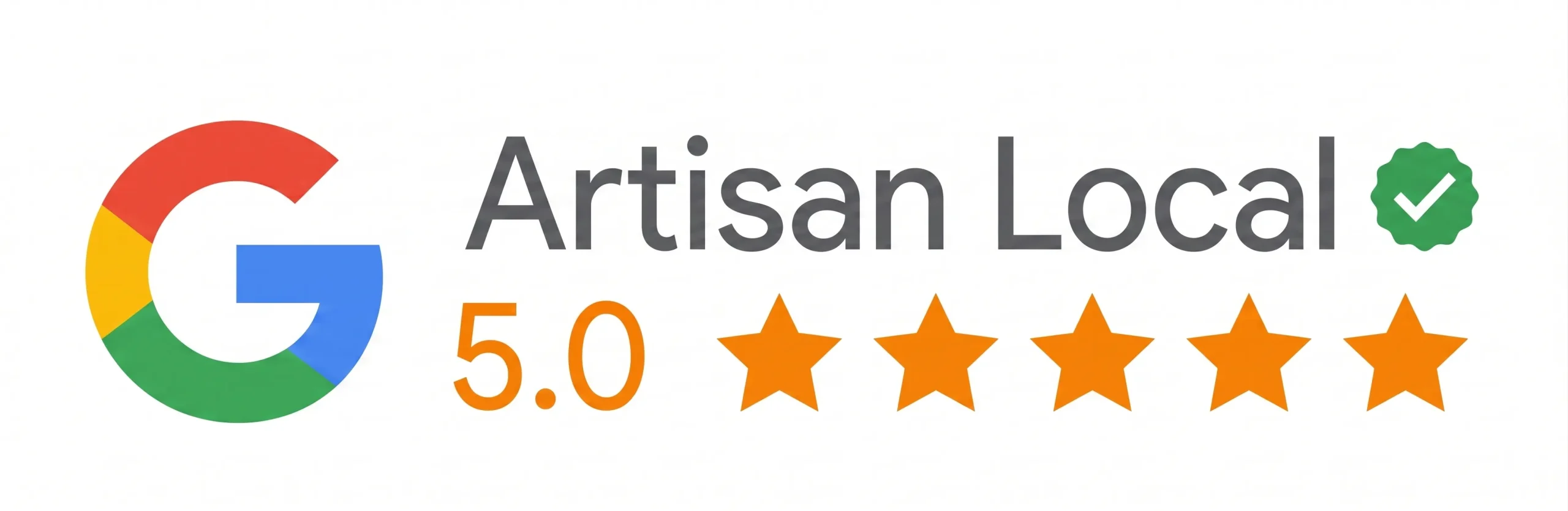 Logo Google suivi du texte "Artisan Local", d'un badge vert de vérification et d'une note de 5.0 avec cinq étoiles orange.
