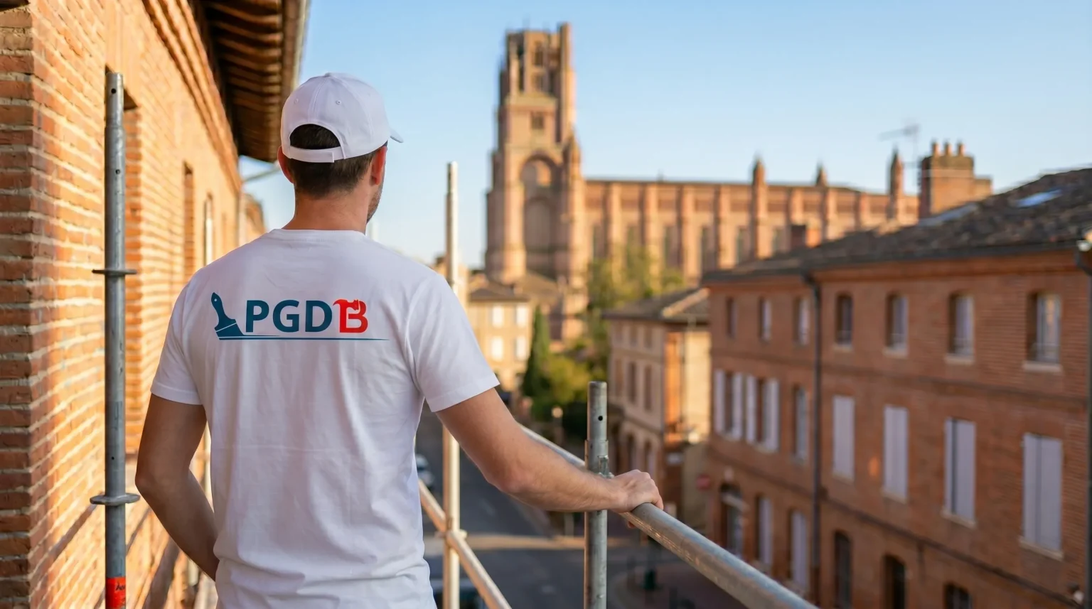 Artisan sur échafaudage face à la cathédrale d’Albi lors d’un chantier de rénovation