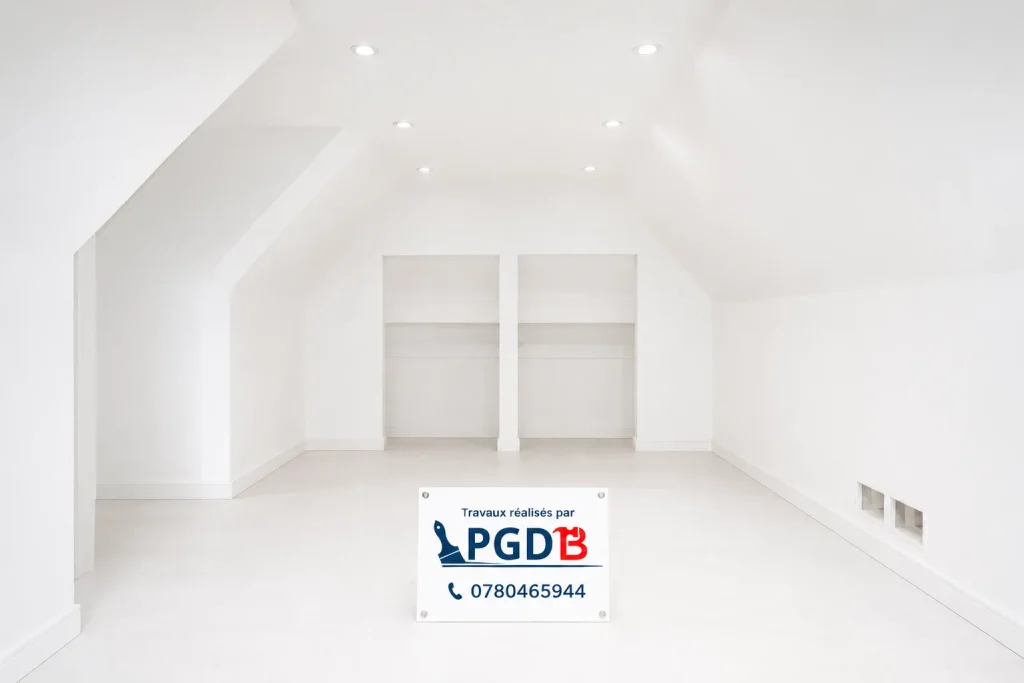 Résultat final d'un aménagement de combles avec une finition peinture blanche immaculée et spots LED, réalisé par l'artisan Peinture Générale du Bâtiment (PGDB) à Albi. Finition de peinture intérieure