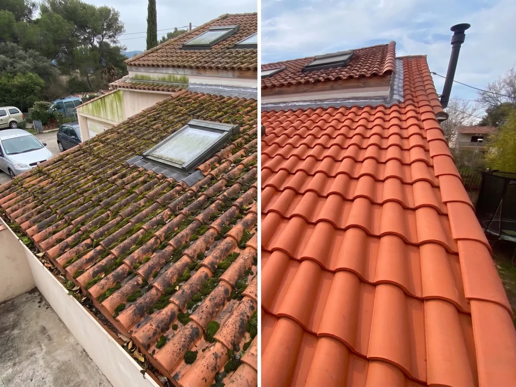 Résultat avant/après d'un démoussage de toiture en tuiles : nettoyage des chéneaux, traitement de la mousse et réfection de l'étanchéité autour des Velux par l'artisan PGDB à Albi Tarn 81 , Et l'entreprise intervient dans tout le département même sur Toulouse.