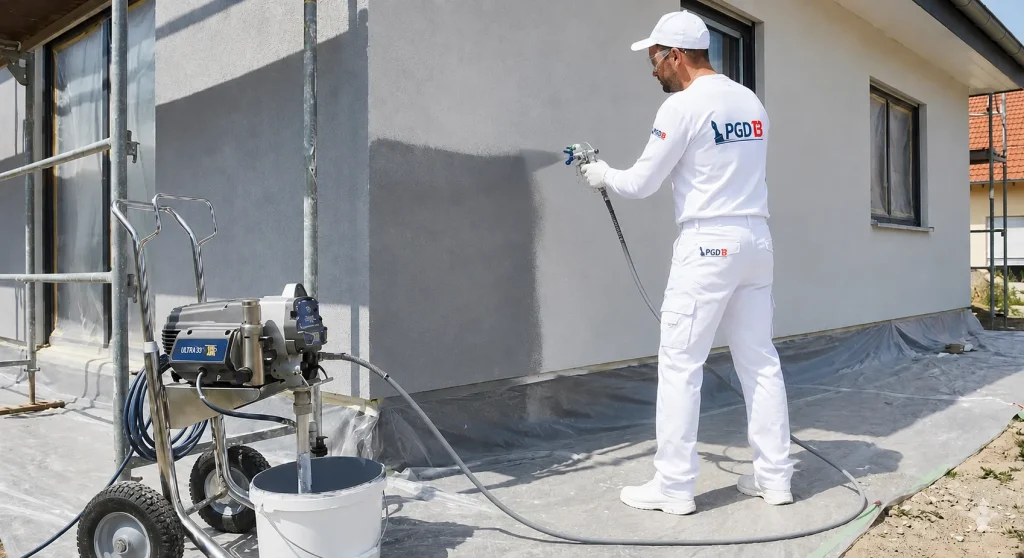 Application de peinture extérieure au pistolet airless sur une façade à Albi