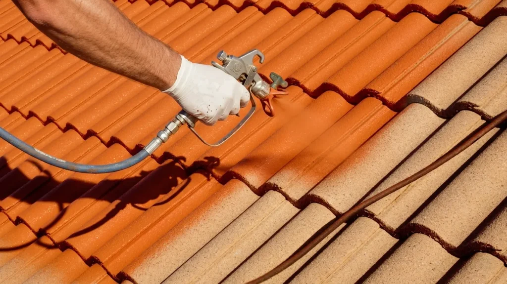 Artisan couvreur appliquant un traitement d'étanchéité hydrofuge coloré rouge tuile au pistolet professionnel Airless Graco Mark X sur une toiture dans le Tarn (81).