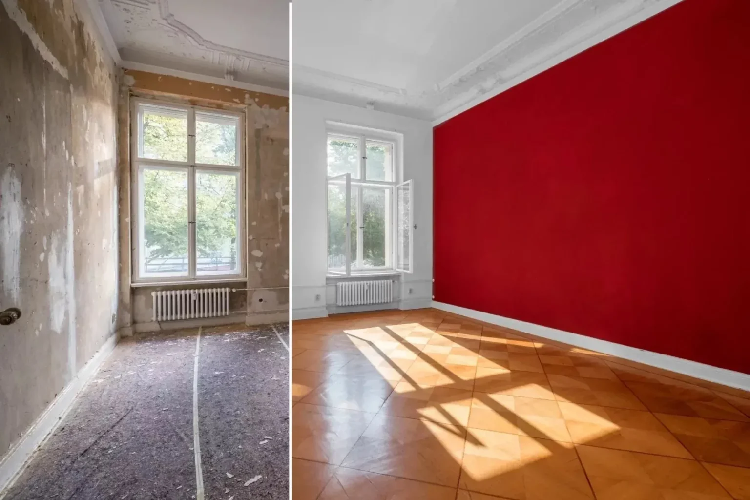 Avant-après d’une rénovation intérieure avec mur rouge et parquet à Albi