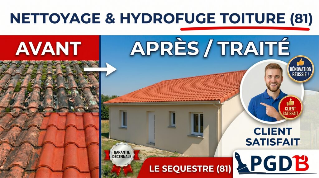 Avant/après d’un nettoyage et traitement hydrofuge de toiture au Séquestre dans le Tarn (81)