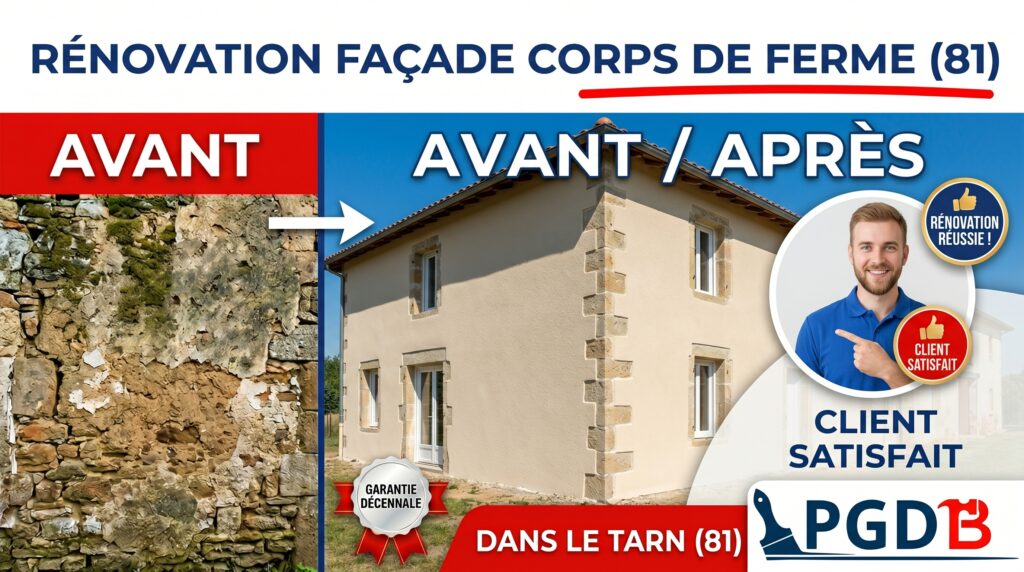 Avant/après d’une rénovation de façade et des enduits d’un corps de ferme à Albi dans le Tarn (81)