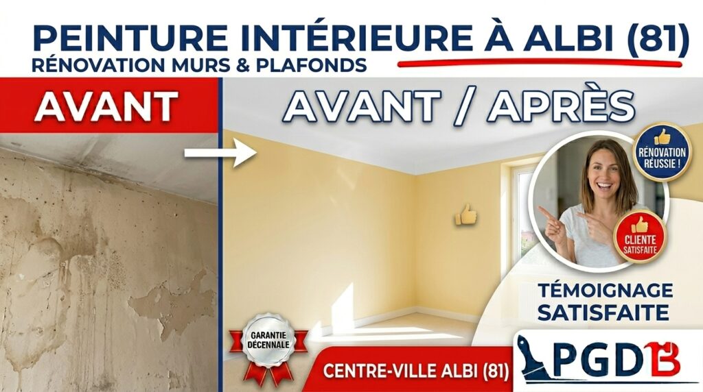 Avant/après d’une rénovation de peinture intérieure des murs et plafonds à Albi centre-ville (81)