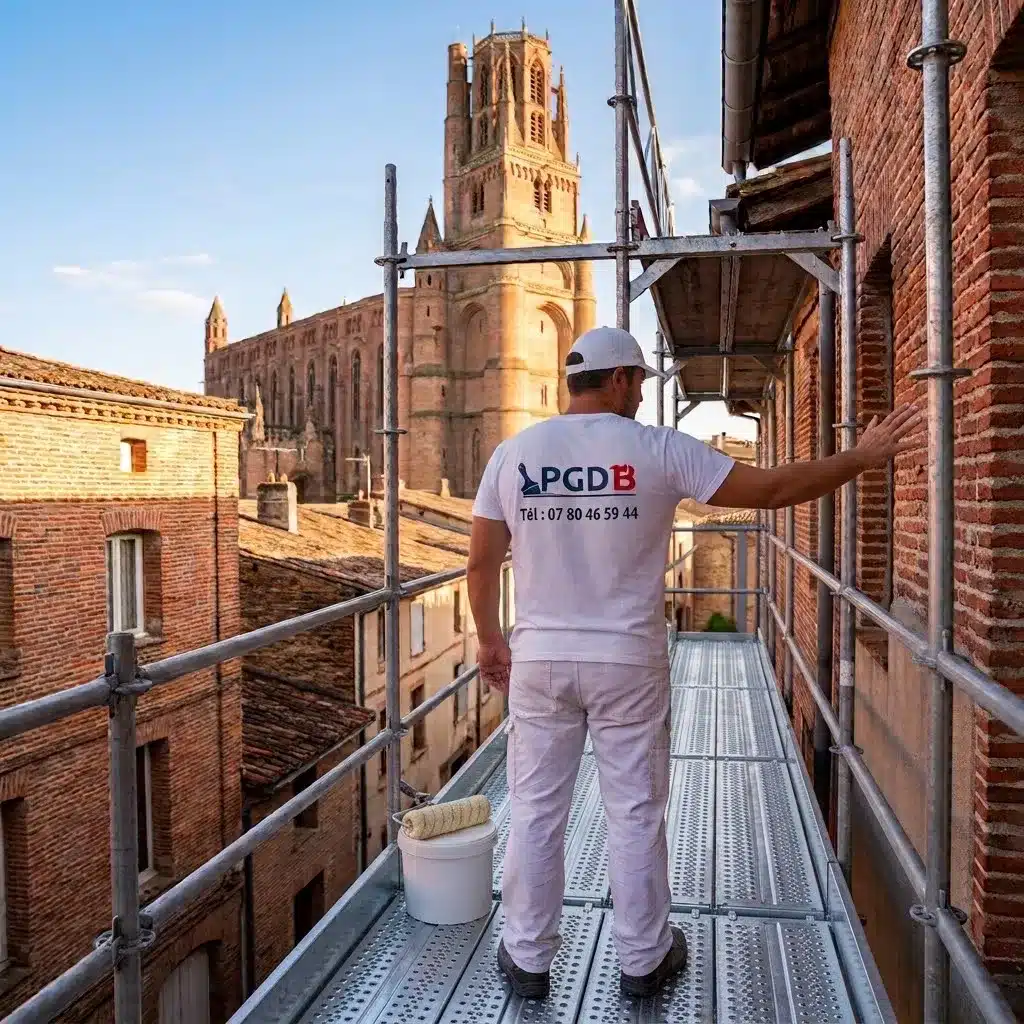 Intervention de l'entreprise Peinture Générale du Bâtiment sur un échafaudage sécurisé lors d'un chantier de façade dans le centre historique d'Albi